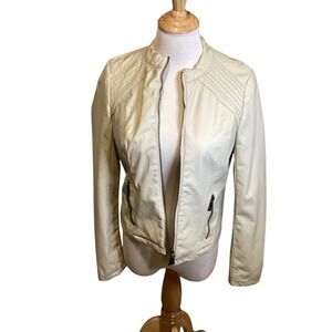 LZ Women's Faux Leather Moto Jacket Cream Collarless Zip Pockets Size M